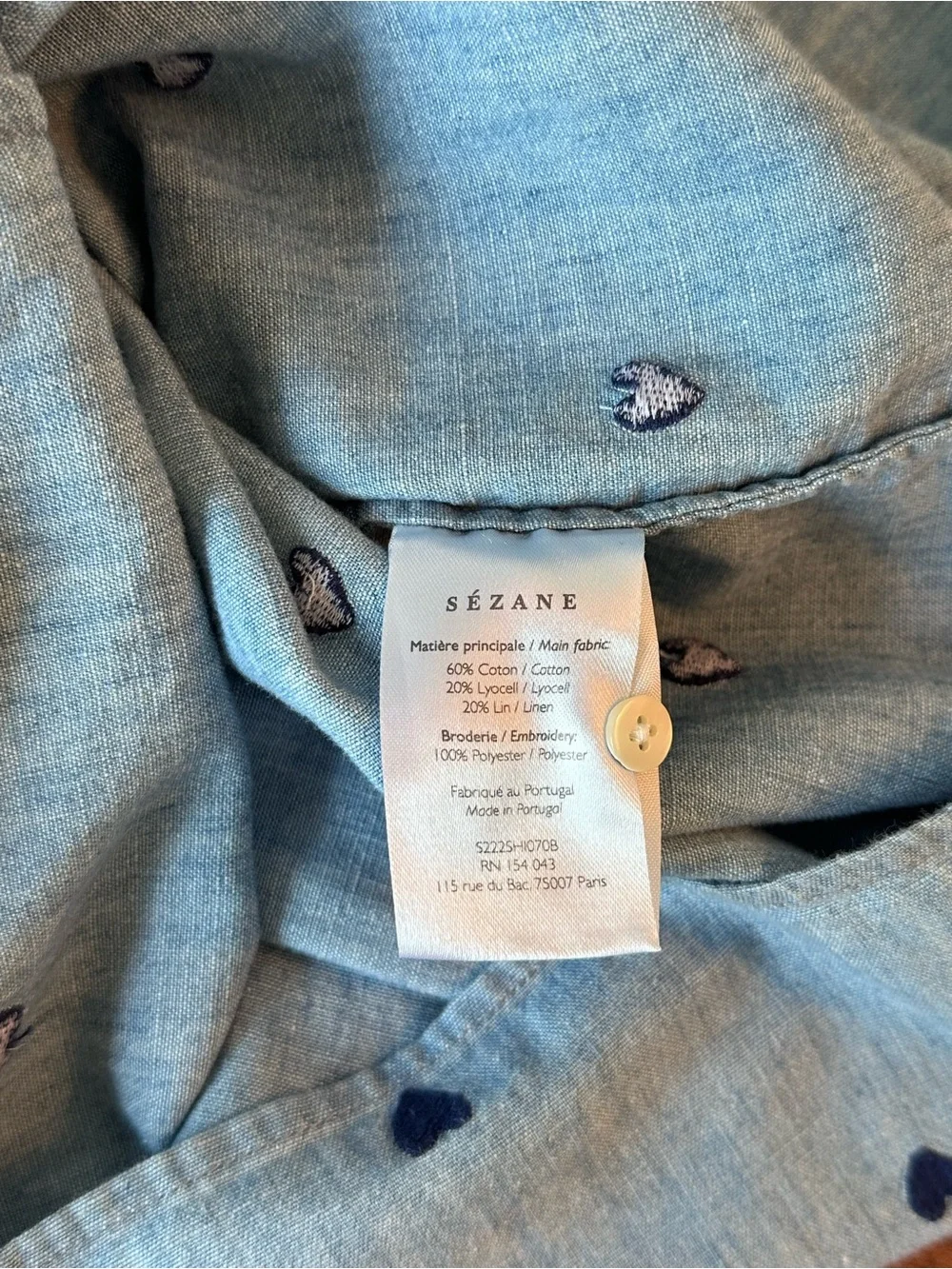 SEZANE Light Blue Chambray Button-Down Shirt with Navy Embroidered Heart Print - Picture 10 of 10